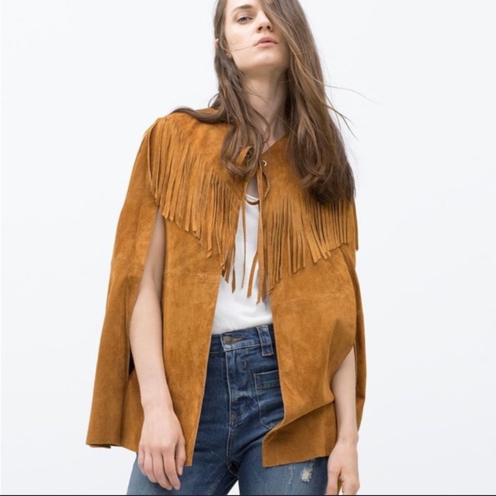 Zara Festival Coachella Stagecoach Fringe Suede Cape Jacket
